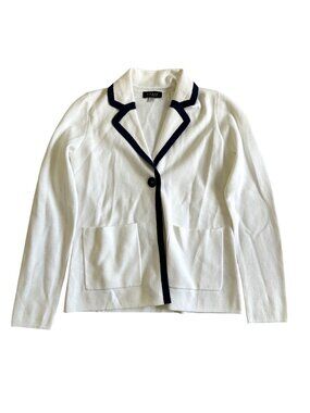 Forte Cashmere Womens Sz S White & Navy Trim Cardigan Blazer With Pockets
